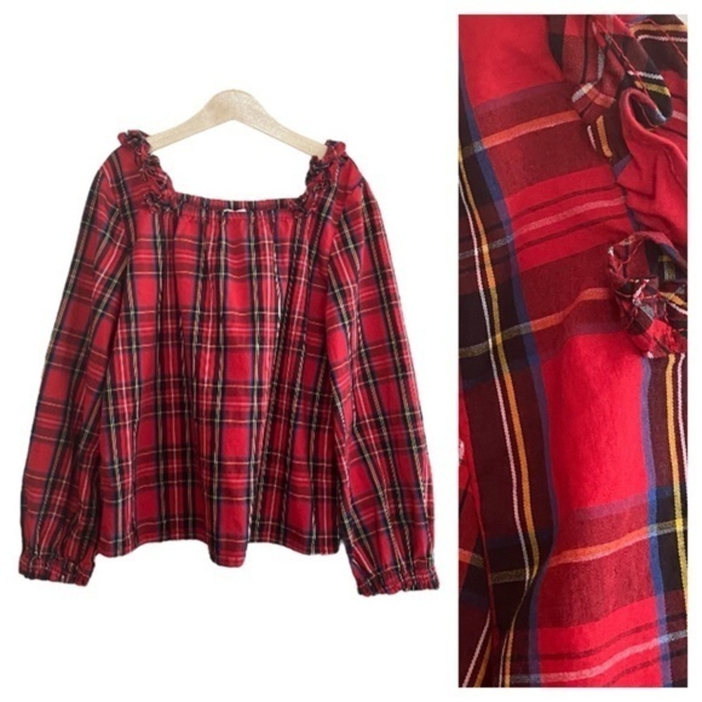 Crewcuts Red Black Blue Christmas Tartan Plaid Ruffle Square Neck Top Large